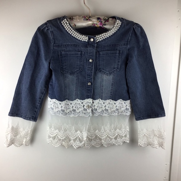 denim jacket with lace and pearls